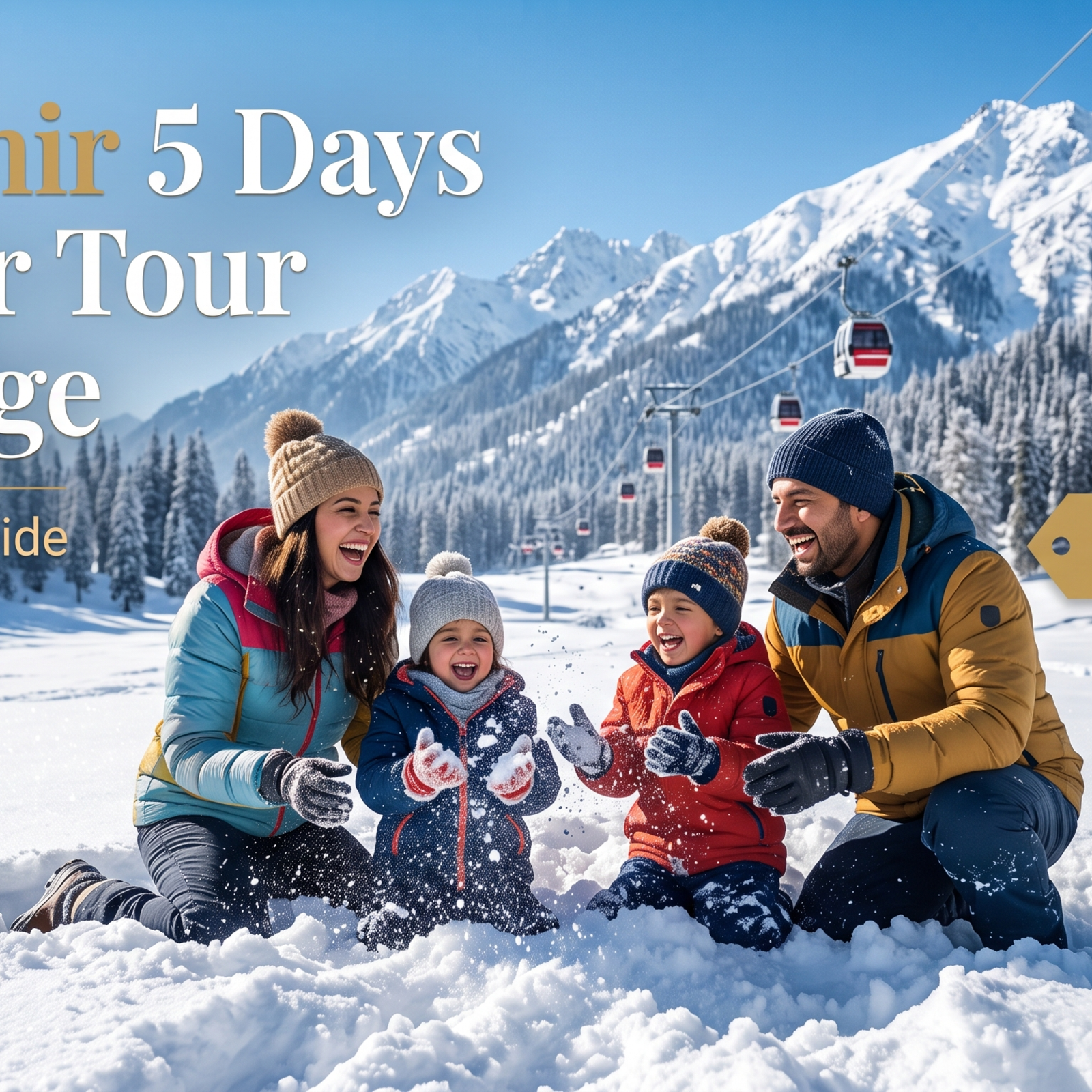 Kashmir 5 days winter tour package - family enjoying snow in Gulmarg with Gondola cable car ascending through frosted pine trees
