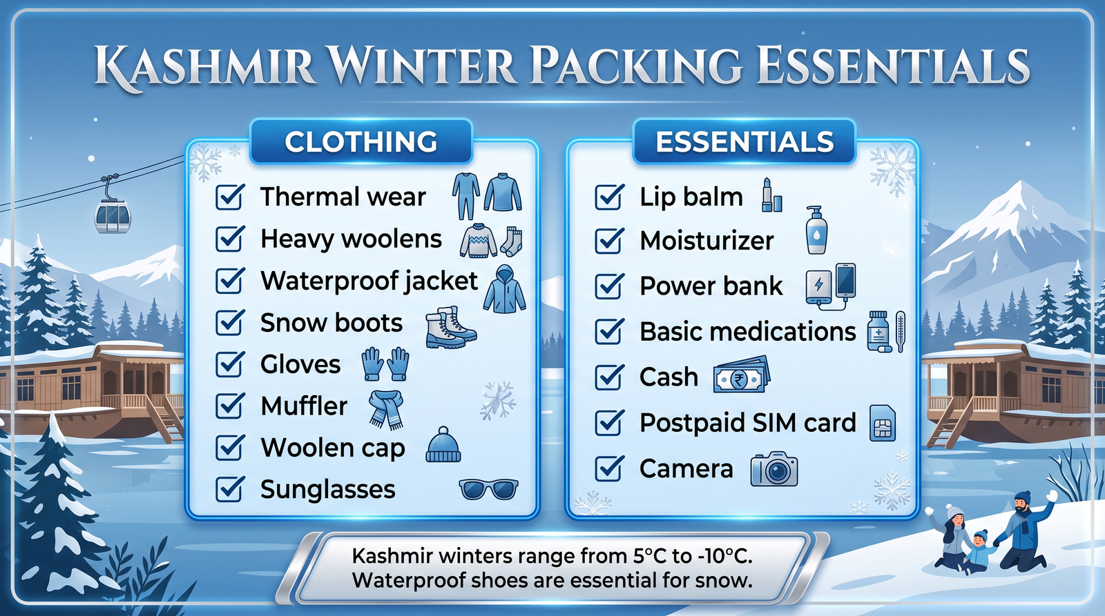 Kashmir 5 days winter tour package - packing essentials infographic clothing and items checklist for winter travel