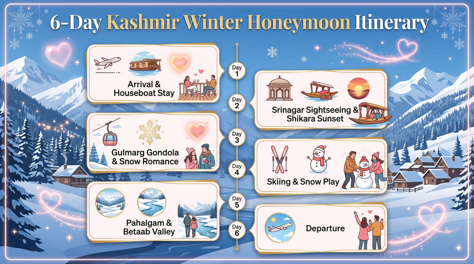 Kashmir honeymoon package in winter - 6-day itinerary infographic Srinagar Gulmarg Pahalgam with romantic activities