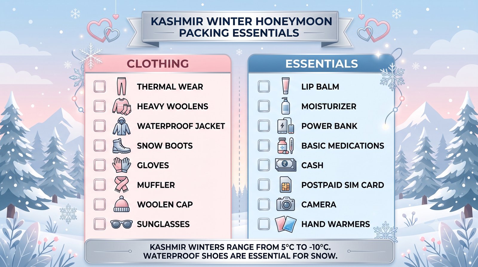 Kashmir honeymoon package in winter - packing essentials infographic clothing and items checklist for winter travel