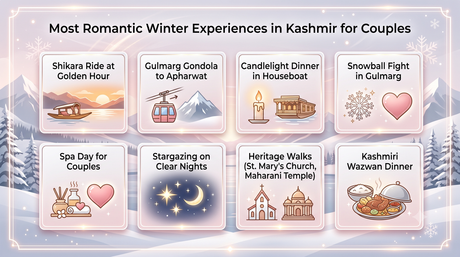 Kashmir honeymoon package in winter - romantic experiences infographic for couples Shikara Gondola candlelight dinner