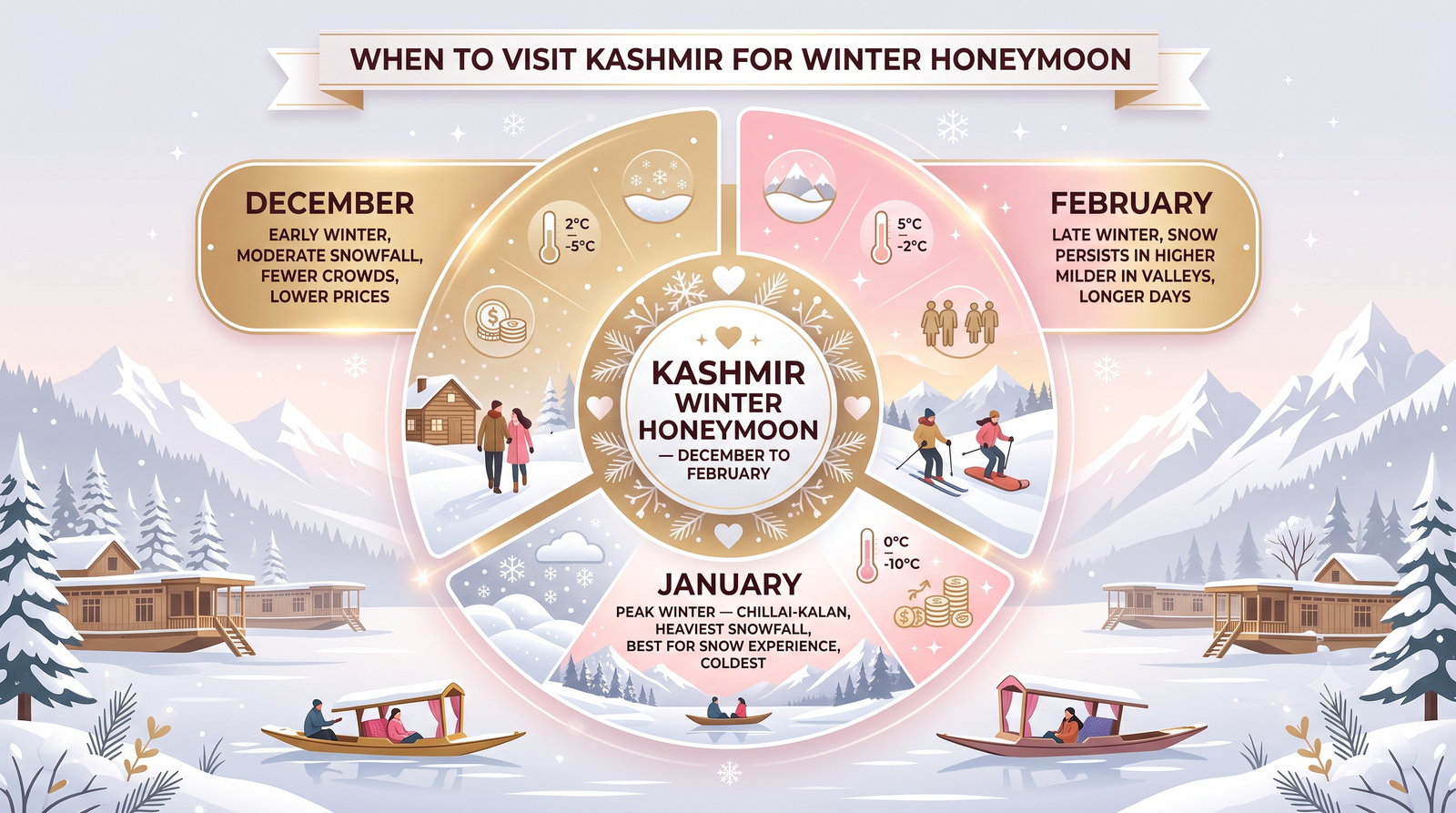 Kashmir honeymoon package in winter - seasonal guide infographic December January February for romantic travel planning