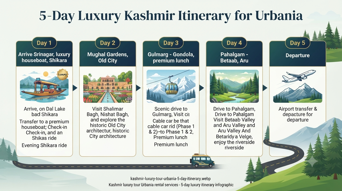 Kashmir Luxury Tour Urbania Rental Services 2026 | ₹8,500+ | 9-17 Seater 12 Kashmir luxury tour Urbania rental services - 5-day luxury itinerary