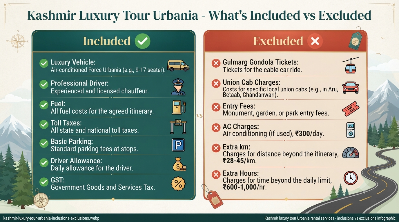 Kashmir Luxury Tour Urbania Rental Services 2026 | ₹8,500+ | 9-17 Seater 11 Kashmir luxury tour Urbania rental services - inclusions vs exclusions