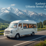 Kashmir luxury tour Urbania rental services - premium tempo traveller driving through the Himalayas with Nature Connect