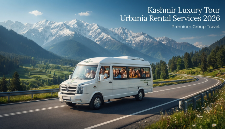 Kashmir luxury tour Urbania rental services - premium tempo traveller driving through the Himalayas with Nature Connect