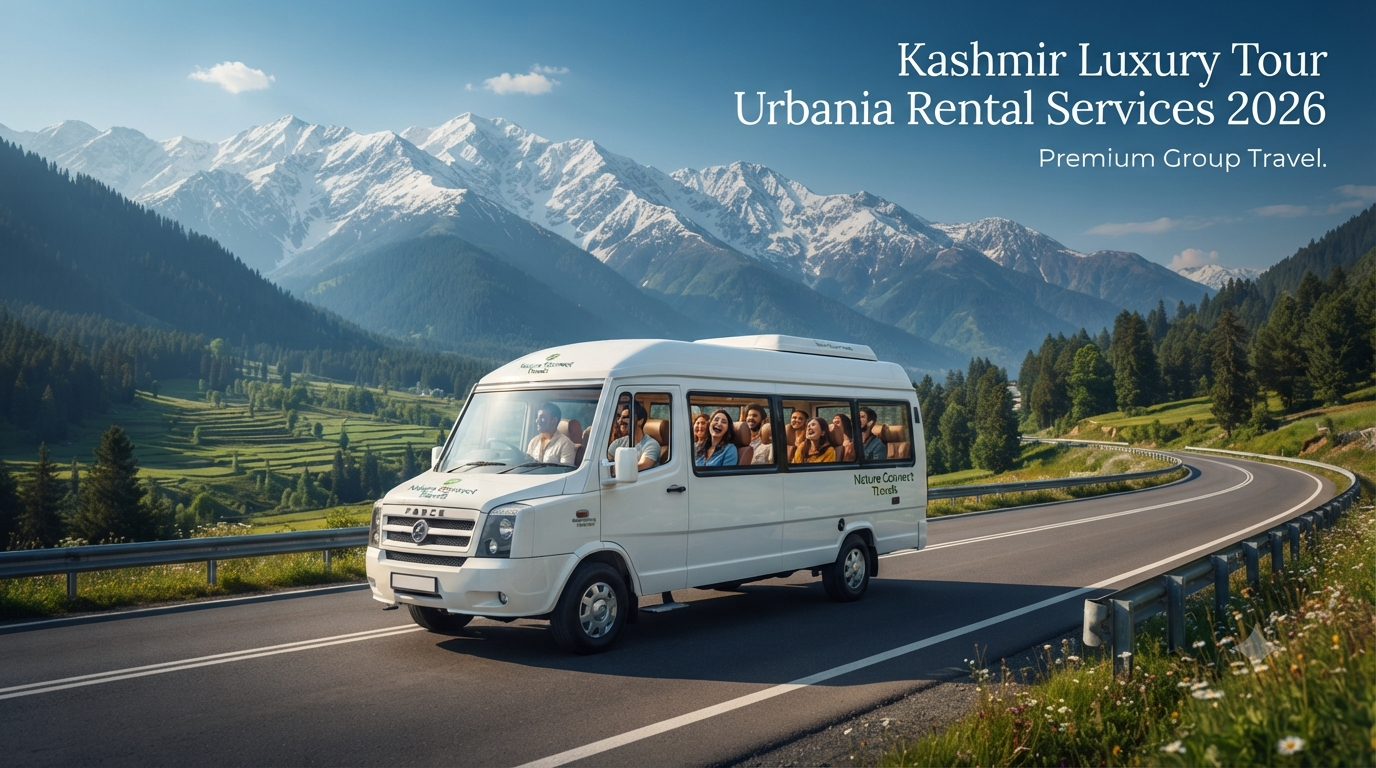 Kashmir luxury tour Urbania rental services - premium tempo traveller driving through the Himalayas with Nature Connect