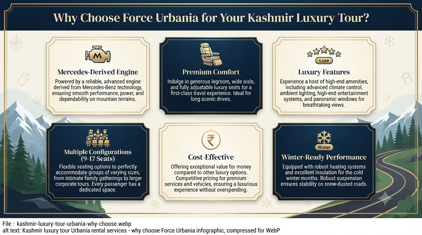 Kashmir Luxury Tour Urbania Rental Services 2026 | ₹8,500+ | 9-17 Seater 8 Kashmir luxury tour Urbania rental services - why choose Force Urbania