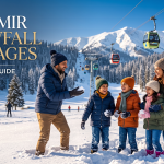 Kashmir snowfall packages - family enjoying snow in Gulmarg with Gondola cable car ascending through frosted pine trees