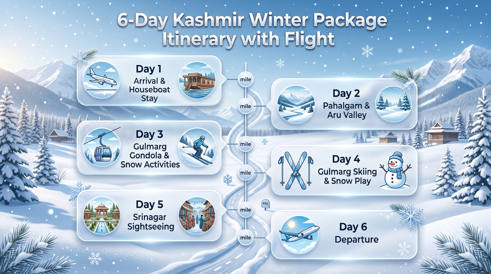Kashmir winter package with flight - 6-day itinerary infographic Srinagar Gulmarg Pahalgam with winter activities