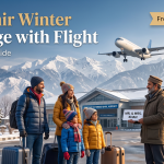 Kashmir winter package with flight - airplane descending to Srinagar airport with snow mountains and family arrival