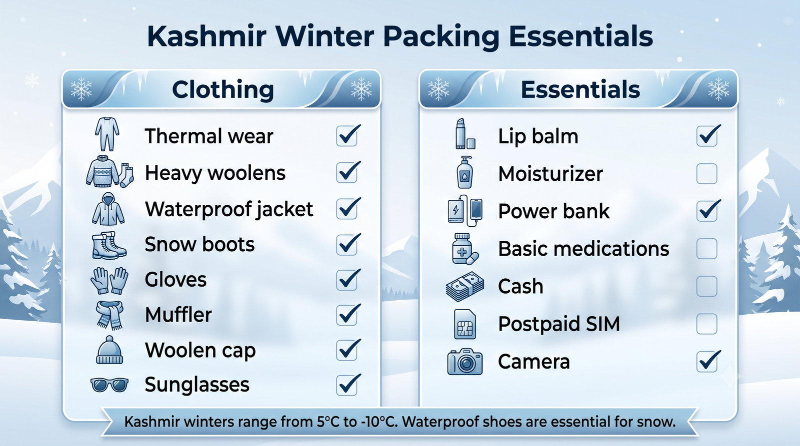 Kashmir winter package with flight - packing essentials infographic clothing and items checklist for winter travel