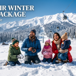 Kashmir winter tour package - family enjoying snow in Gulmarg with Gondola cable car ascending through frosted pine trees