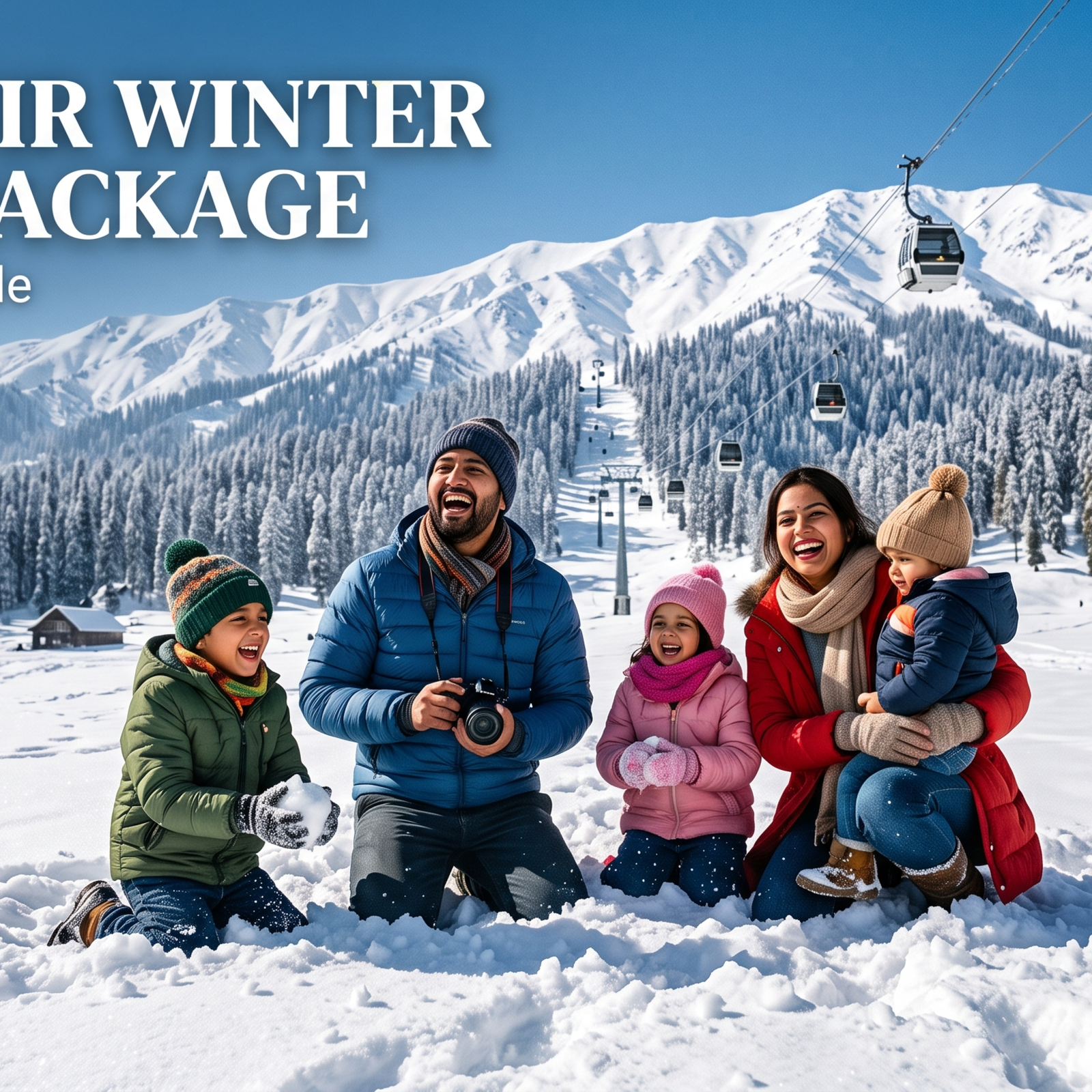 Kashmir winter tour package - family enjoying snow in Gulmarg with Gondola cable car ascending through frosted pine trees