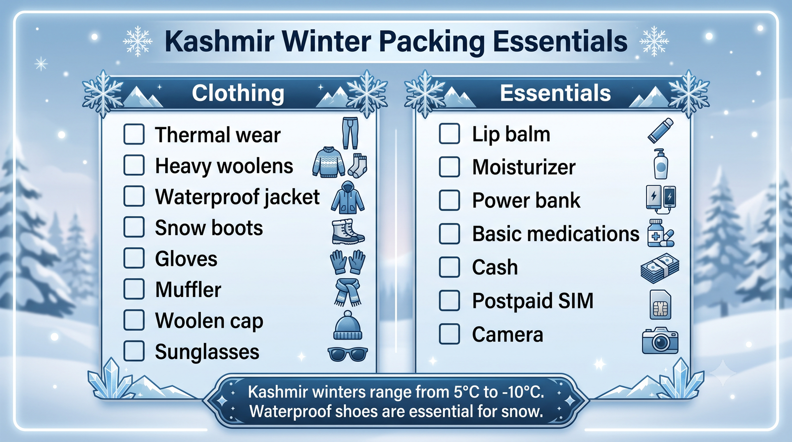 Kashmir winter tour package - packing essentials infographic clothing and items checklist for winter travel