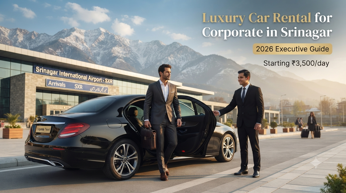 Luxury car rental for corporate in Srinagar - professional chauffeur with Mercedes sedan at Srinagar airport for executive travel