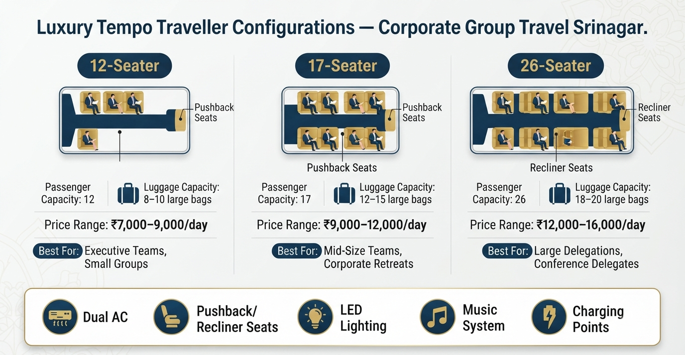 Luxury tempo traveller in Srinagar for business groups - 12 17 26 seater seating configurations infographic corporate group travel
