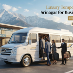 Luxury tempo traveller in Srinagar for business groups - professional chauffeur with white tempo traveller at Srinagar airport for corporate group travel