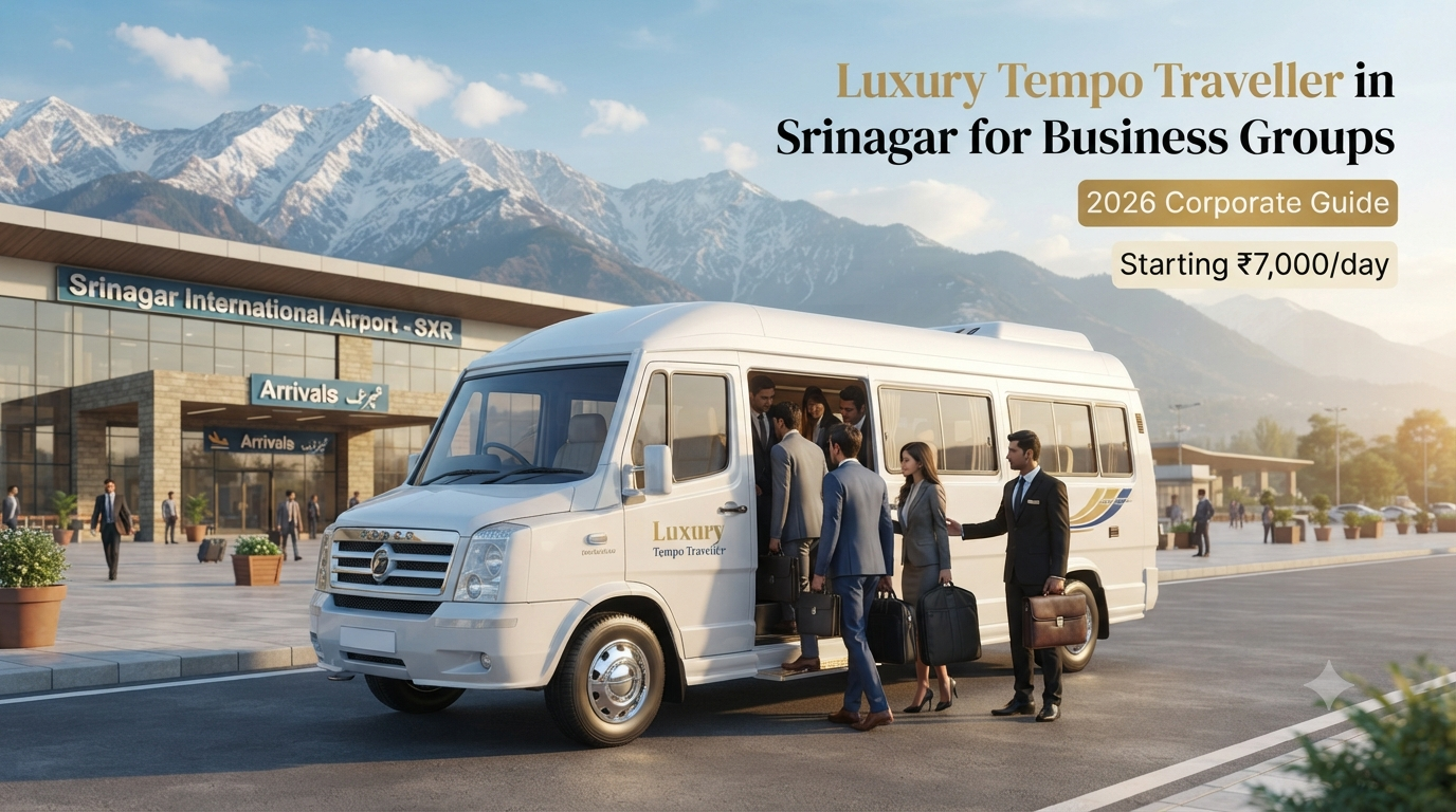 Luxury tempo traveller in Srinagar for business groups - professional chauffeur with white tempo traveller at Srinagar airport for corporate group travel