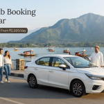 Sedan cab booking in Srinagar - white AC sedan with driver on Boulevard Road along Dal Lake for couples travel