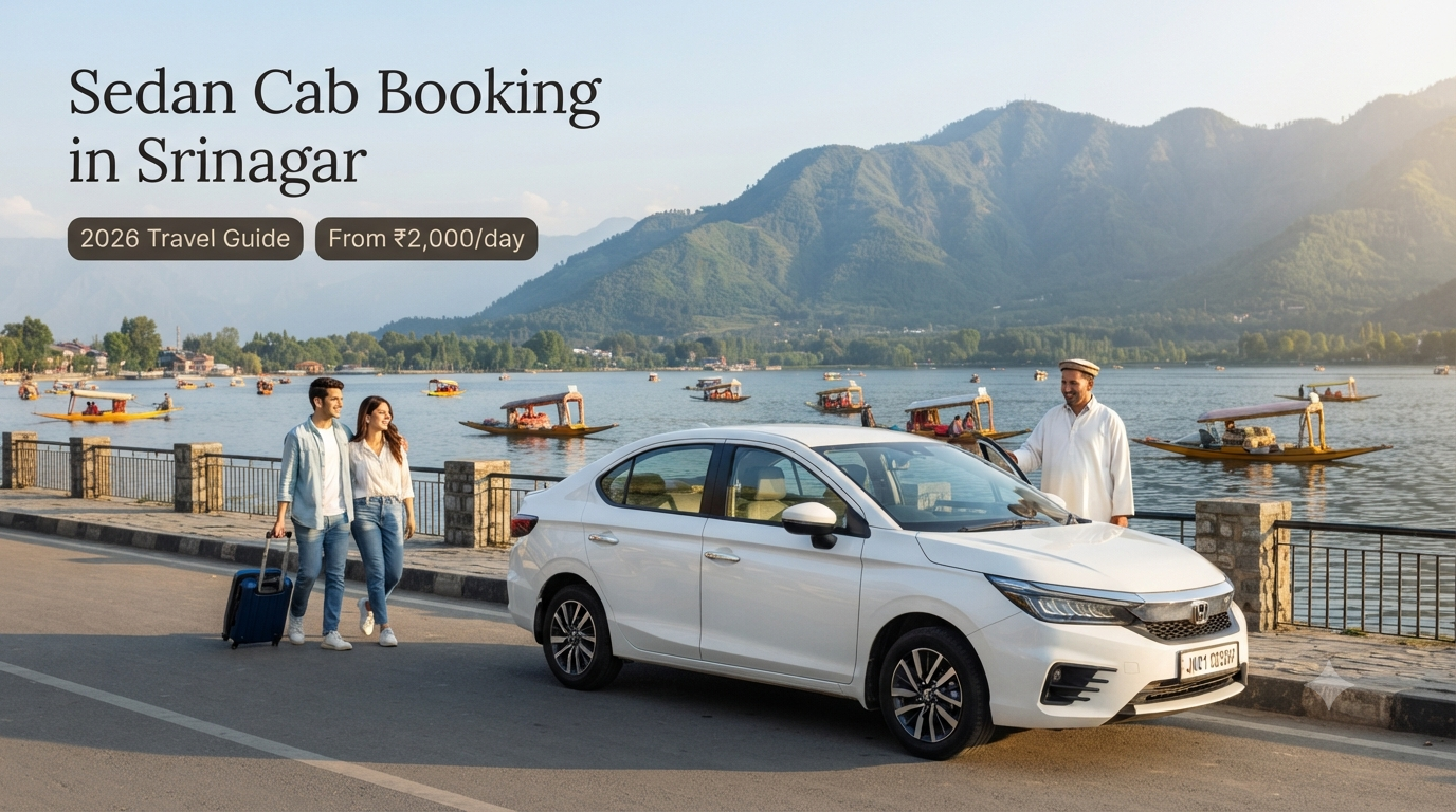 Sedan cab booking in Srinagar - white AC sedan with driver on Boulevard Road along Dal Lake for couples travel
