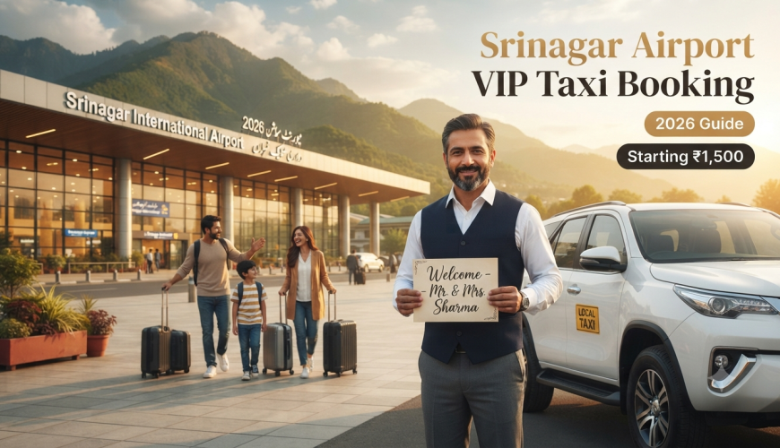 Srinagar airport VIP taxi booking - professional driver with name placard waiting at arrivals for premium airport transfer