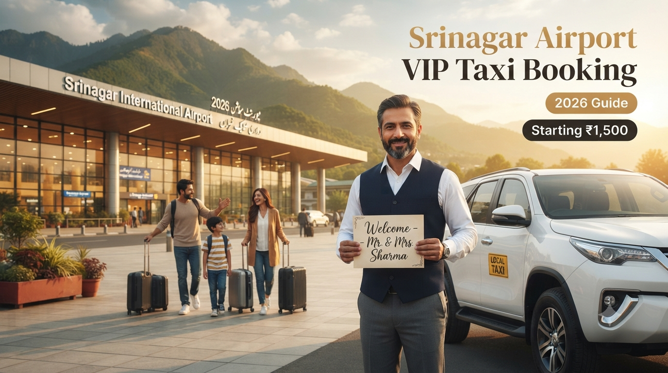 Srinagar airport VIP taxi booking - professional driver with name placard waiting at arrivals for premium airport transfer