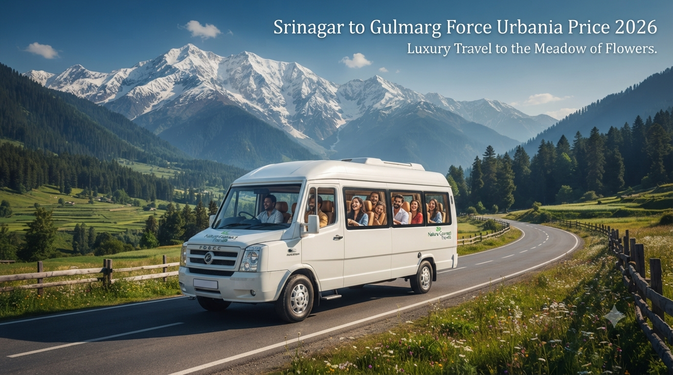 Srinagar to Gulmarg Force Urbania price - luxury tempo traveller on the scenic Gulmarg route with Nature Connect Travels
