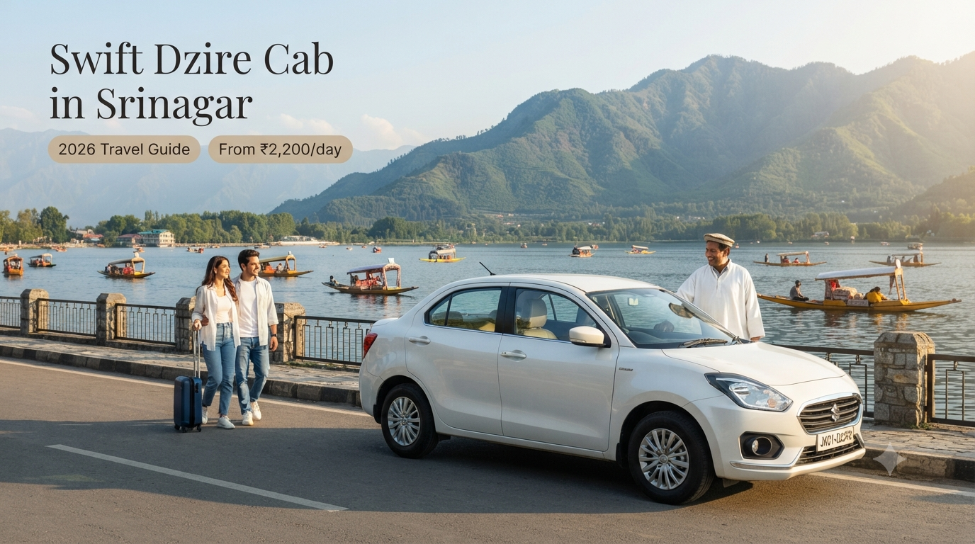 Swift Dzire cab in Srinagar - white AC sedan with driver on Boulevard Road along Dal Lake for couples travel