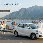 Swift Dzire taxi service Kashmir - white AC sedan with driver on Boulevard Road along Dal Lake for couples travel