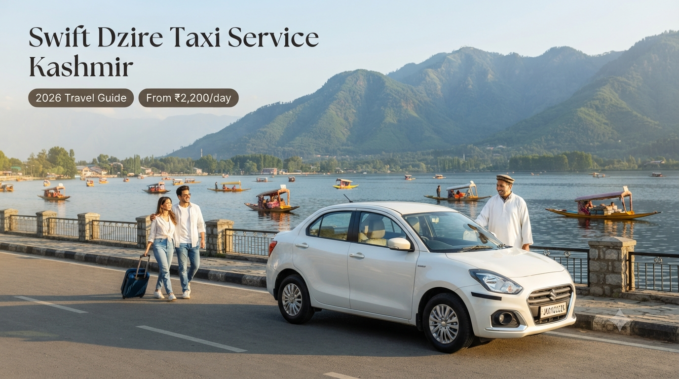 Swift Dzire taxi service Kashmir - white AC sedan with driver on Boulevard Road along Dal Lake for couples travel