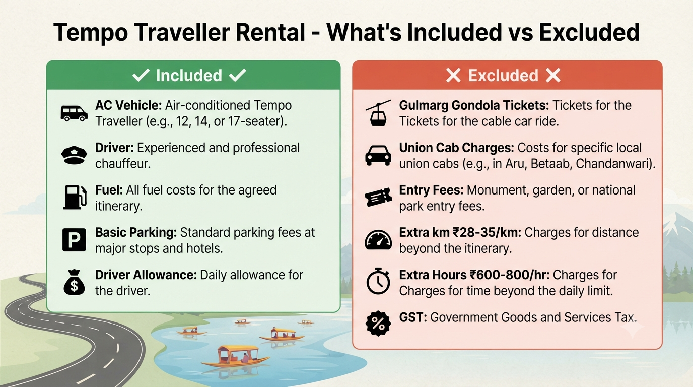  Tempo traveller rent in Srinagar - inclusions vs exclusions