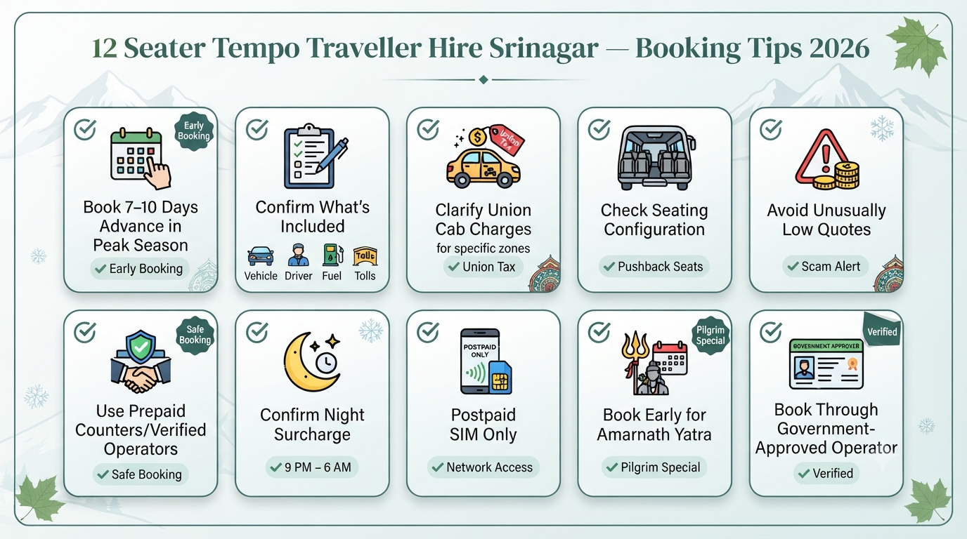 12 seater tempo traveller hire in Srinagar - booking tips infographic for hassle-free group tour booking in Kashmir