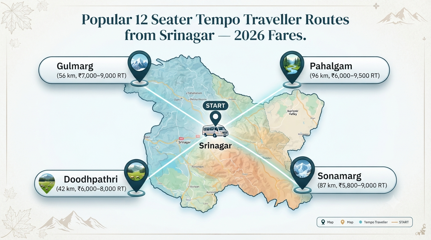 12 seater tempo traveller hire in Srinagar - popular routes infographic Gulmarg Pahalgam Sonamarg Doodhpathri with fares