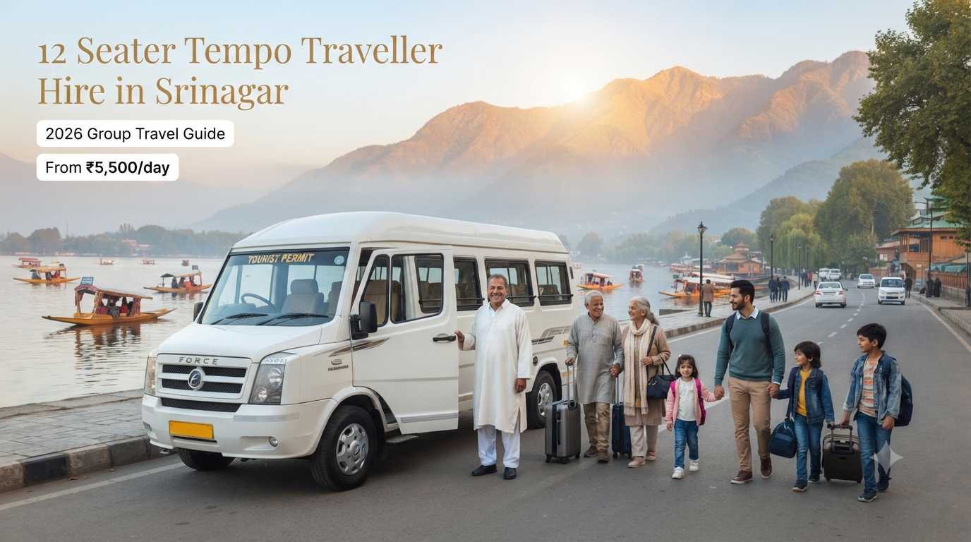 12 seater tempo traveller hire in Srinagar - white Force Tempo Traveller with driver on Boulevard Road along Dal Lake for group travel