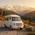 17 seater tempo traveller parked on Srinagar highway with Himalayan mountains in background for Kashmir group travel