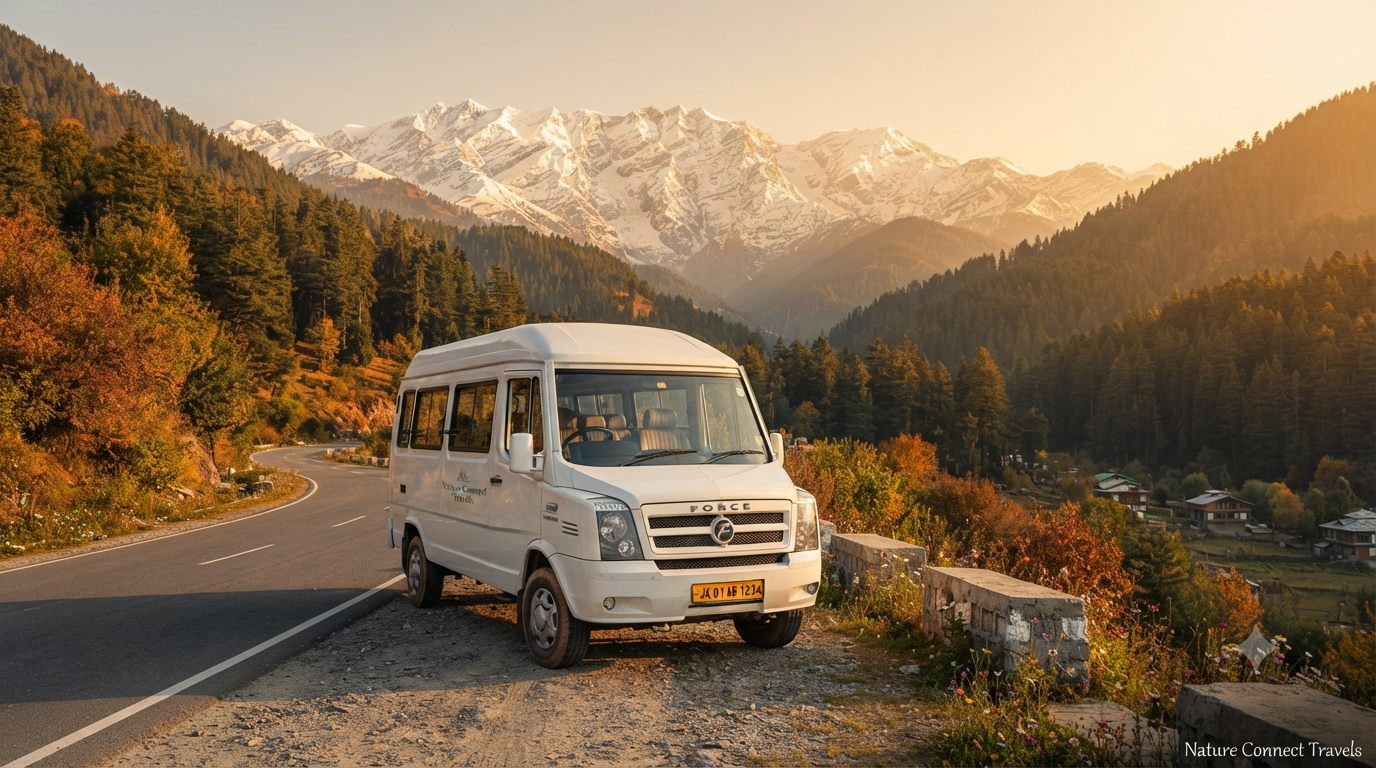17 seater tempo traveller parked on Srinagar highway with Himalayan mountains in background for Kashmir group travel