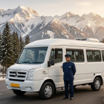 20 seater tempo traveller hire Kashmir with Nature Connect Travels showing Force Tempo Traveller on Srinagar highway