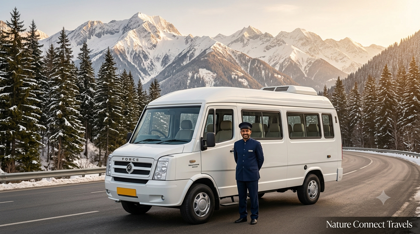 20 seater tempo traveller hire Kashmir with Nature Connect Travels showing Force Tempo Traveller on Srinagar highway