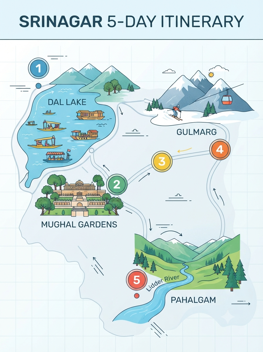3 day Srinagar trip package itinerary map showing Dal Lake Mughal Gardens Old City and Shankaracharya Temple route
