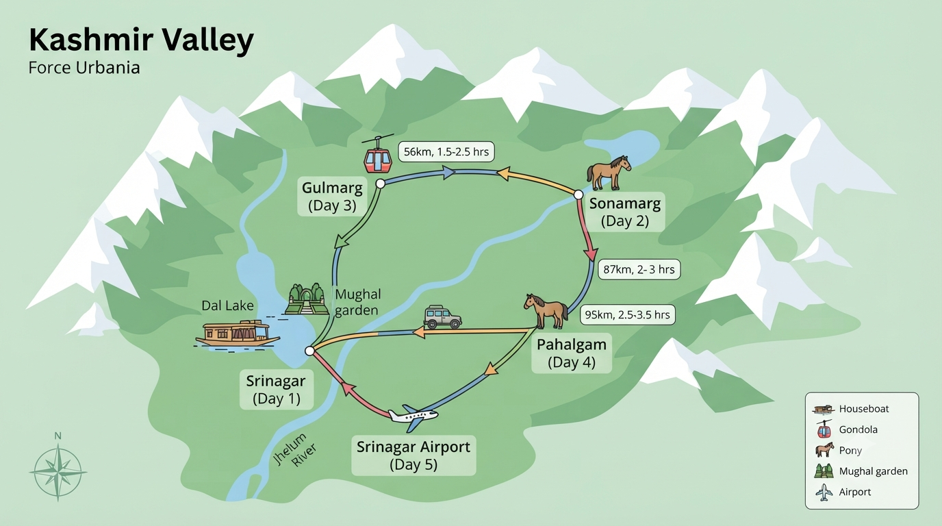 5 day Force Urbania luxury tempo hire in Srinagar itinerary map showing Srinagar Sonamarg Gulmarg and Pahalgam route