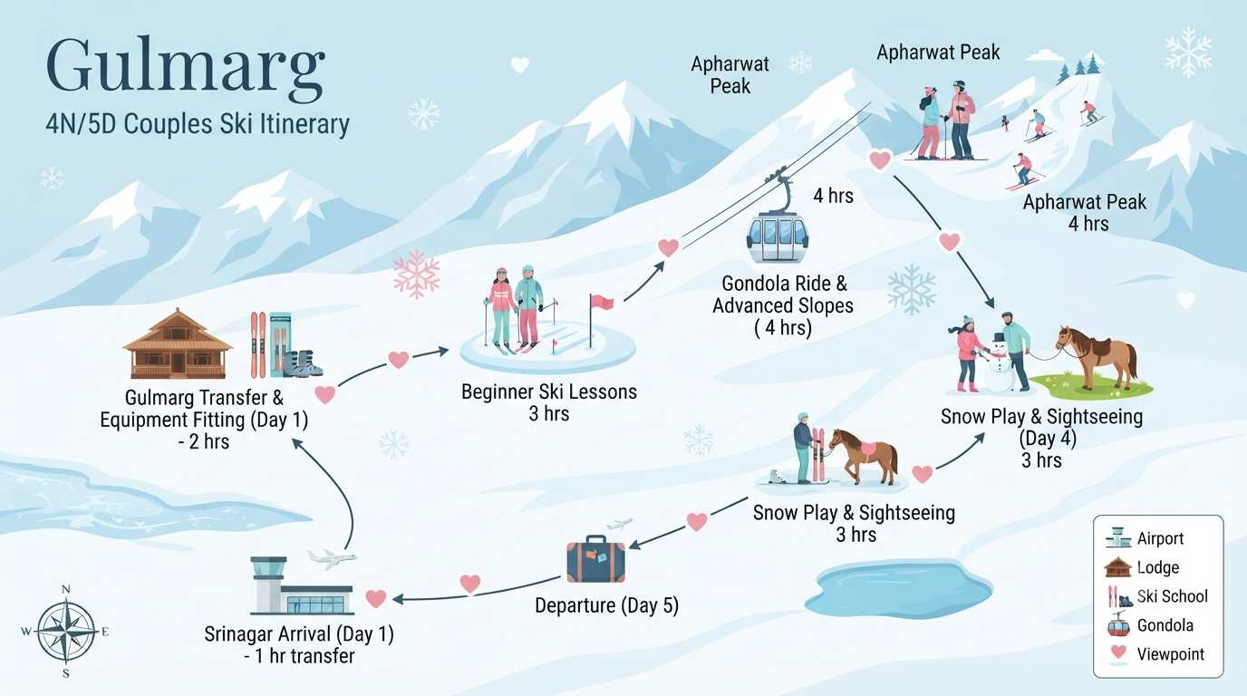 5 day Gulmarg skiing package for couples itinerary map showing ski lessons and Gondola route