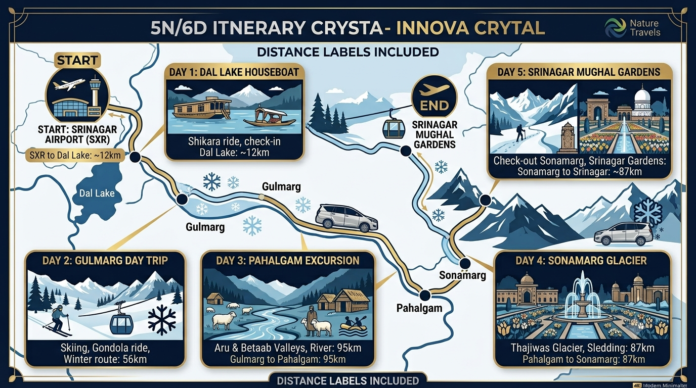Innova Crysta Rental Kashmir 2026 | Nature Connect ₹3,500+ 9 5 day Innova Crysta rental Kashmir itinerary map showing Srinagar Gulmarg Pahalgam and Sonamarg route