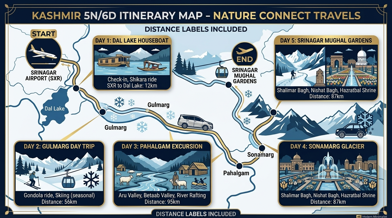 Innova Cab in Kashmir 2026 | Nature Connect Travels ₹3,500+ 9 5 day Innova cab in Kashmir itinerary map showing Srinagar Gulmarg Pahalgam and Sonamarg route