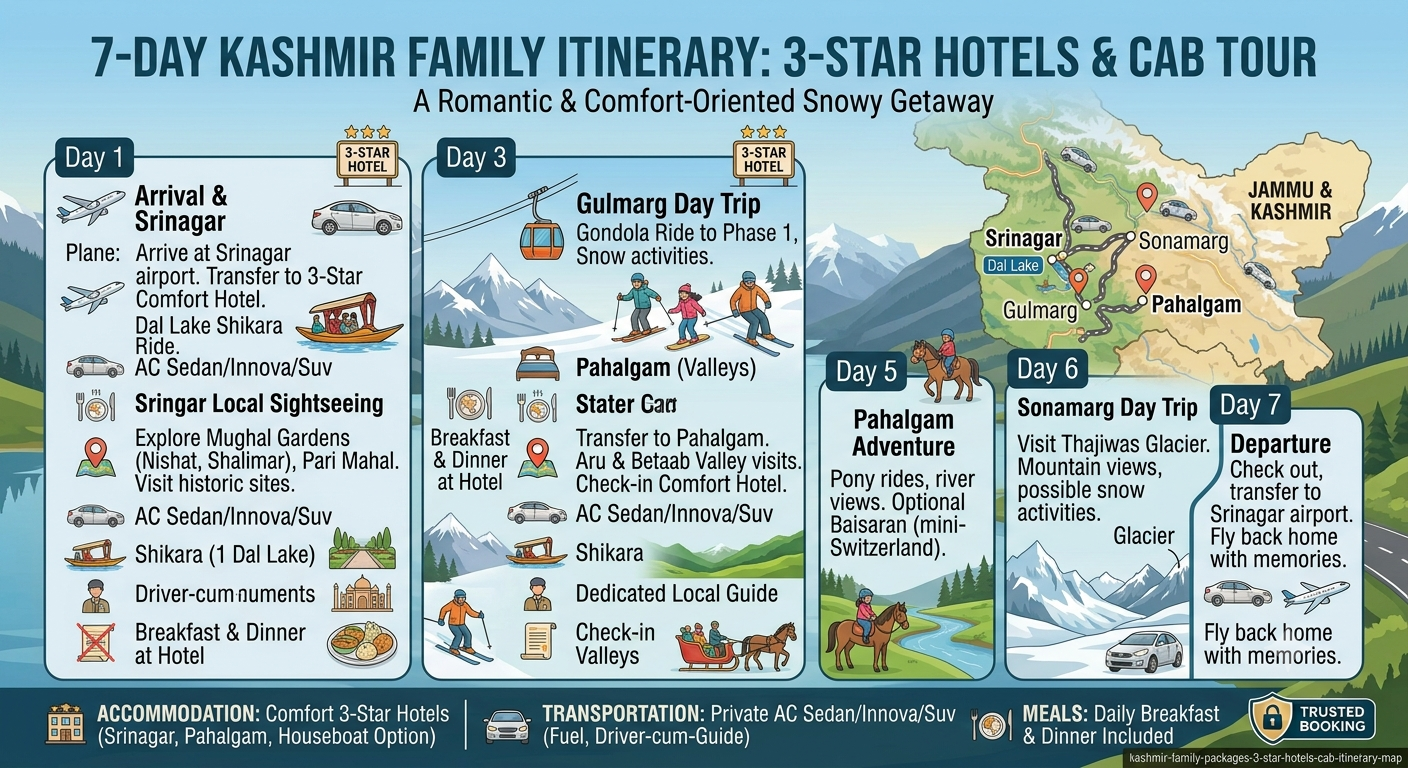 5 day Kashmir family packages with 3 star hotels and cab itinerary map showing Srinagar Gulmarg and Pahalgam route