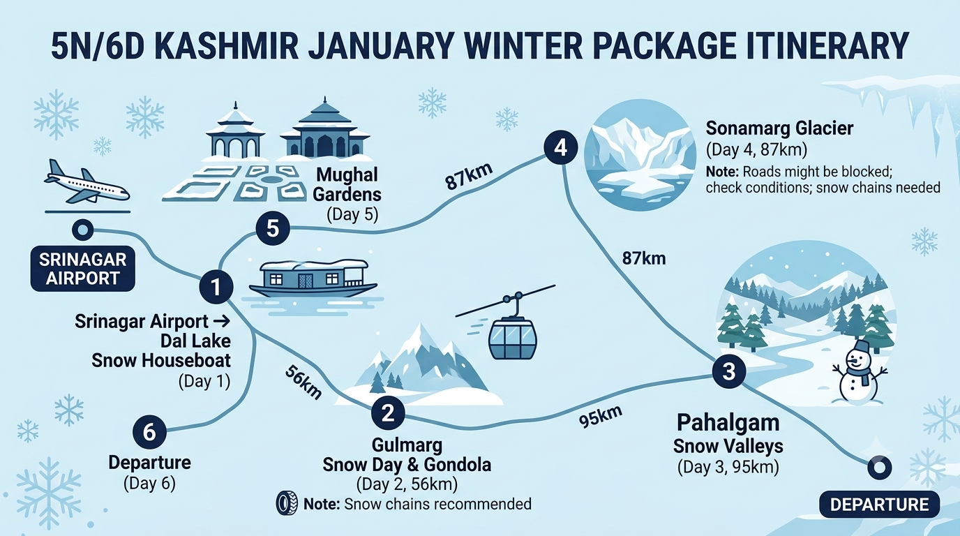 5 day Kashmir package in January itinerary map showing Srinagar Gulmarg Pahalgam and Sonamarg snow route