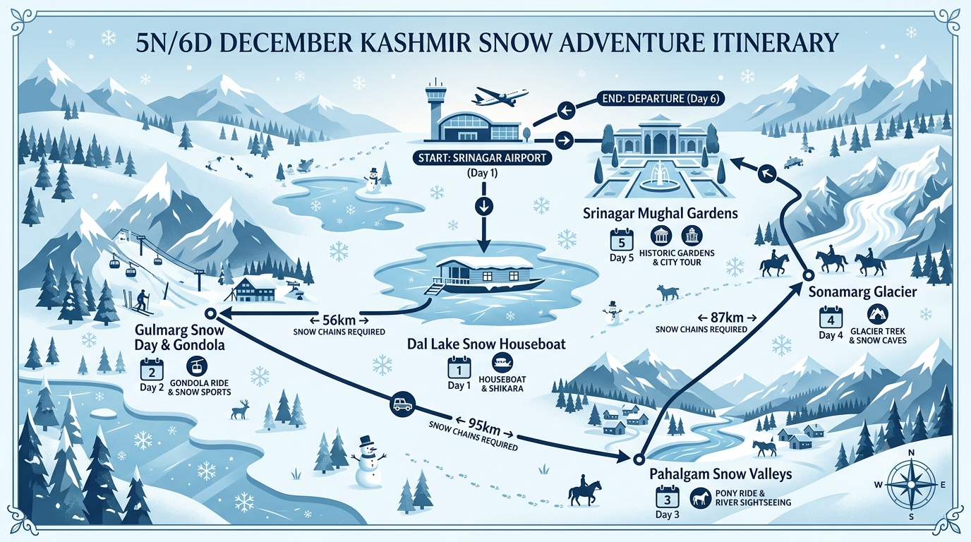 Kashmir Packages in December 2026 | Nature Connect ₹15,500+ 9 5 day Kashmir packages in December itinerary map showing Srinagar Gulmarg Pahalgam and Sonamarg snow route