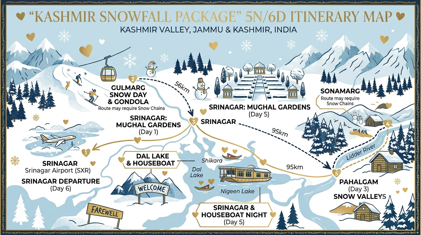 5 day Kashmir snowfall package itinerary map showing Srinagar Gulmarg Pahalgam and Sonamarg snow route