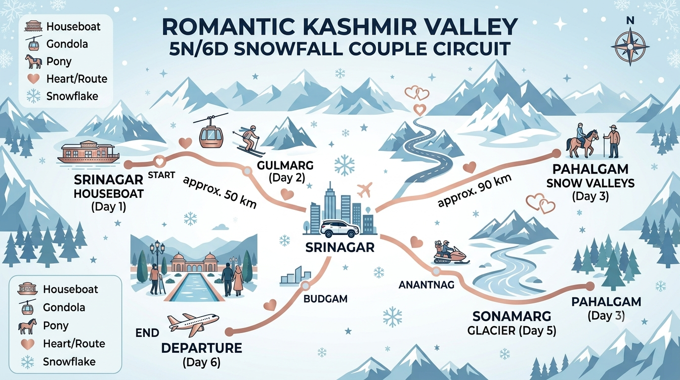 Kashmir Snowfall Packages for Couples 2026 | ₹12,199+ 7 5 day Kashmir snowfall packages for couples itinerary map showing Srinagar Gulmarg Pahalgam and Sonamarg snow route