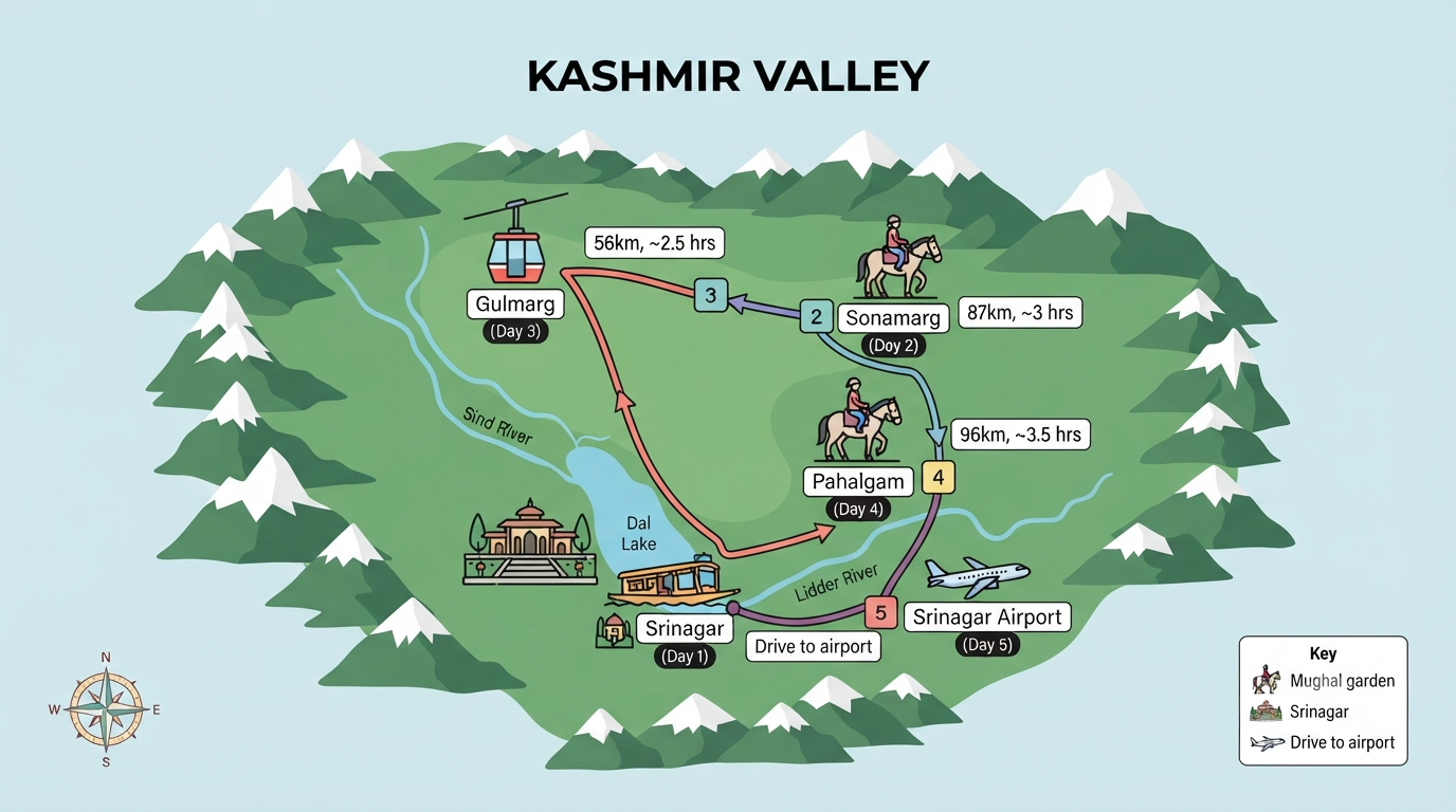 5 day Kashmir tempo traveller itinerary map showing Srinagar Sonamarg Gulmarg and Pahalgam route